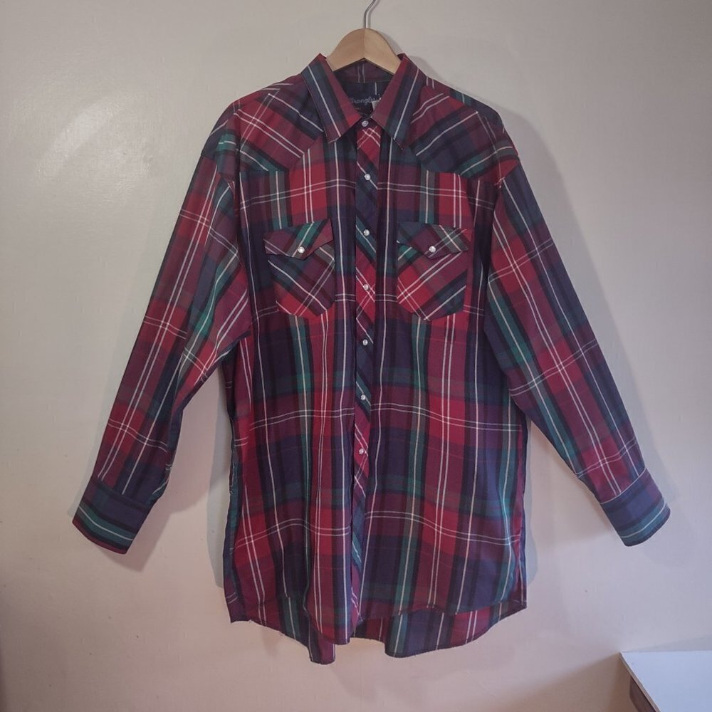 Vintage Wrangler Western Plaid Men's Shirt Pearl Snaps Size XL Tall - Picture 4 of 8